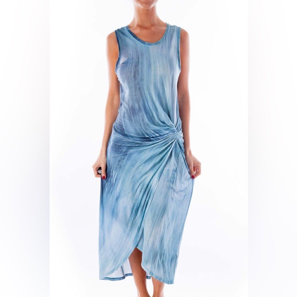 Tahari Blue Tie Dye Maxi Dress Size Small Wrap Skirt Tulip Hem Cinched Waist